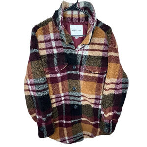 American Eagle Outfitters Plaid Fleece Sherpa Button Up Shacket Coat
